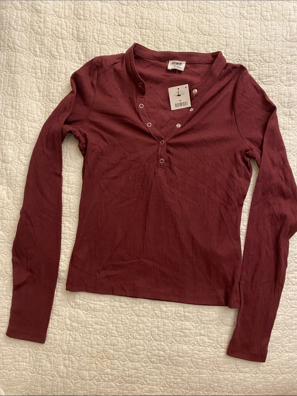 Cotton On Ribbed Snap-Henley Long Sleeve Top - Wine